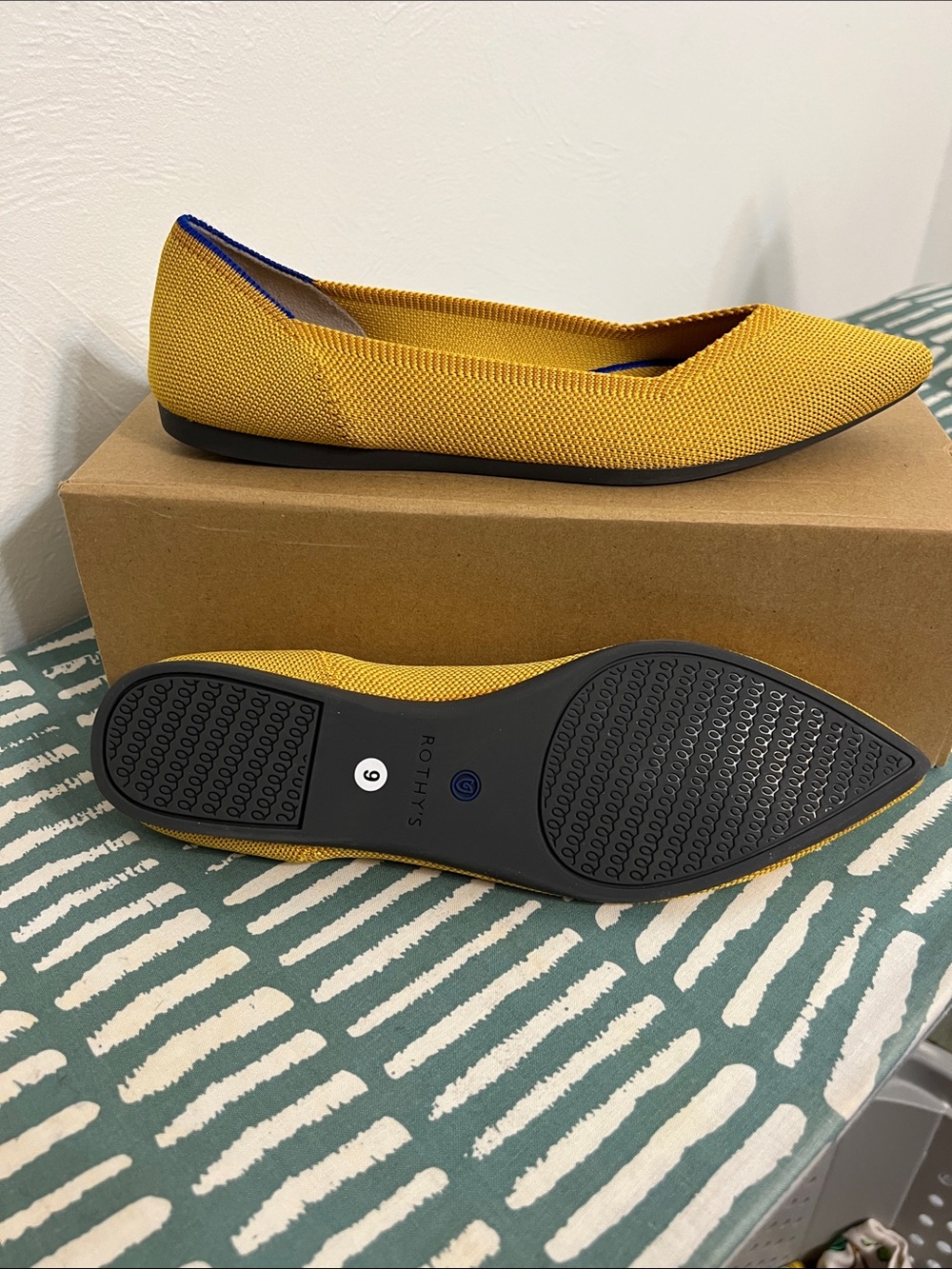Rothy's Yellow Pointed Knit Flats with Blue Trim - Picture 3 of 4
